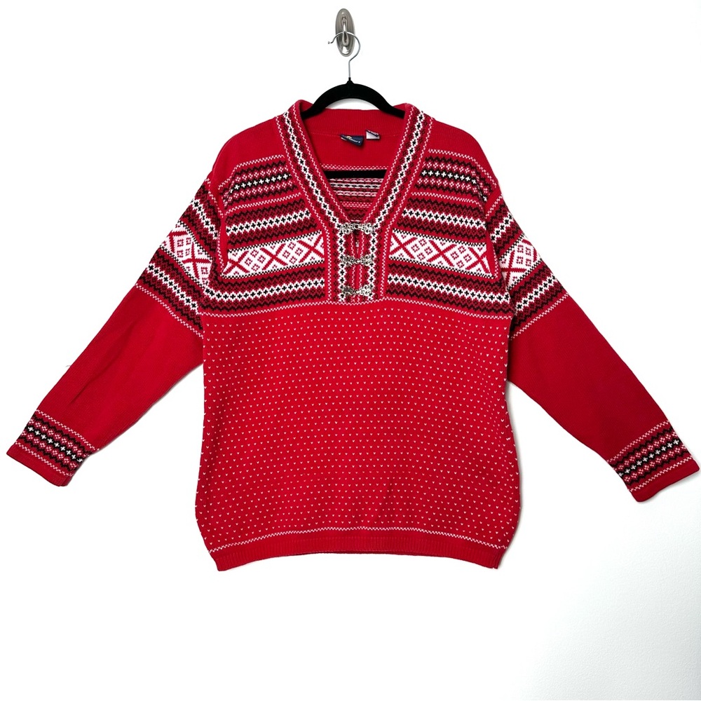 Vintage Liz Sport Cottagecore Red Fair Isle Cotton Cabincore Nordic Sweater